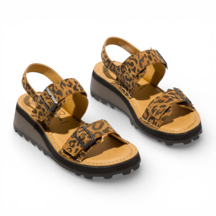 Fly London Women's HEIF558FLY Cheetah Tan Leather Wedge Buckle Sandals