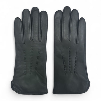 Womens Olive Green Italian Leather Winter Stitch Line Design Soft Wool Lining Gloves - L-GLV-301