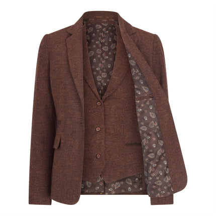 Women's Rust Brown 2 Piece Set Herringbone Wool Tweed Check Blazer Waistcoat
