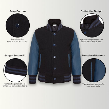 Kids Wool Varsity Black Bomber Jacket with Real Leather Sleeves