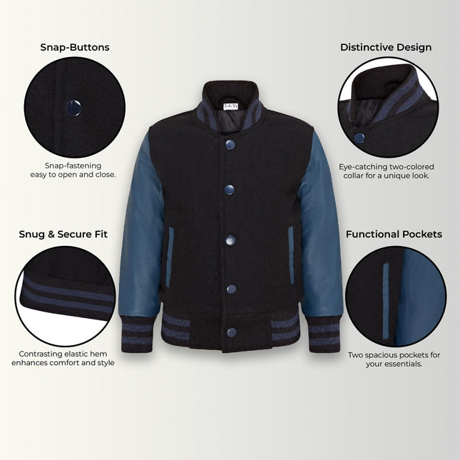 Kids Wool Varsity Black Bomber Jacket with Real Leather Sleeves