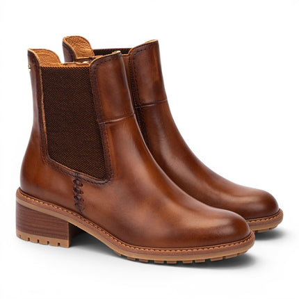 Pikolinos Women's Brown Leather Chelsea Heeled Ankle Boots - Medina