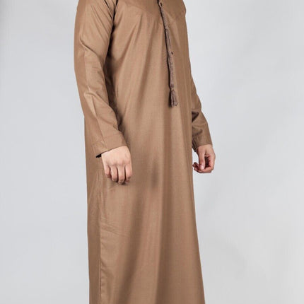 Men's Brown Thobe Emirati Islamic Jubba Robe Eid Tassel Slim Fit