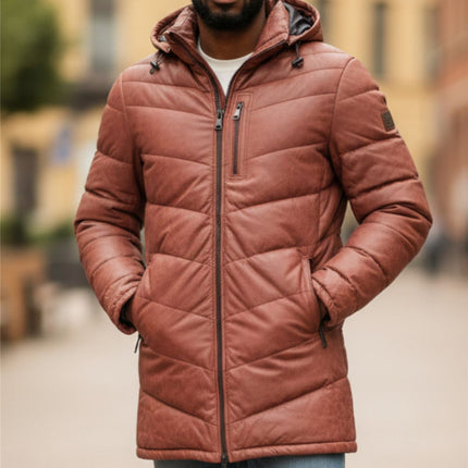 Men's Tan Brown Leather Quilted Jacket Hooded Puffer Winter Coat - Olyic