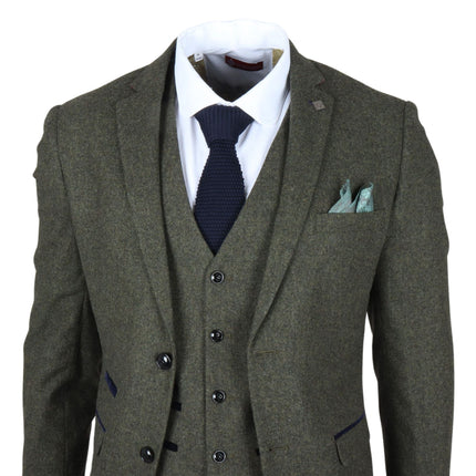 Men's Olive Green Wool Blend Tweed Formal Suit