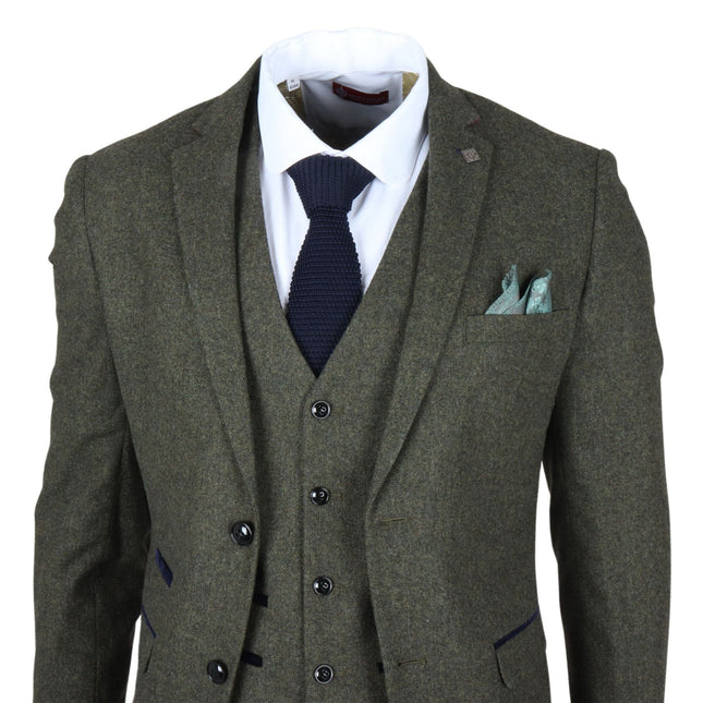 Men's Olive Green Wool Blend Tweed Formal Suit