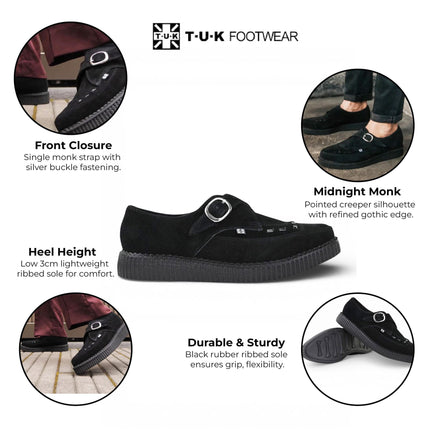 TUK Pointed Creeper Black Suede Monk Buckle Platform Shoes - A8139