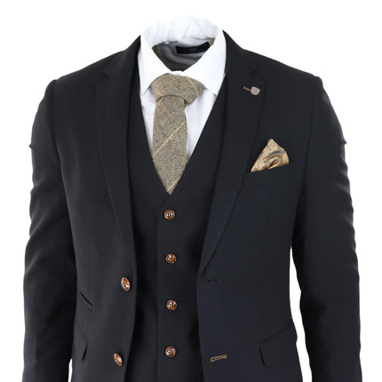 Mens Black 3 piece Suit Brown Trim Classic Birdseye Vintage Wedding Grooms