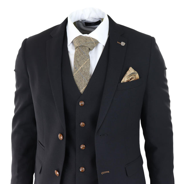 Mens Black 3 piece Suit Brown Trim Classic Birdseye Vintage Wedding Grooms