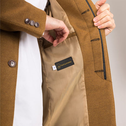 Men's Tan Stand Collar Wool Blend Overcoat