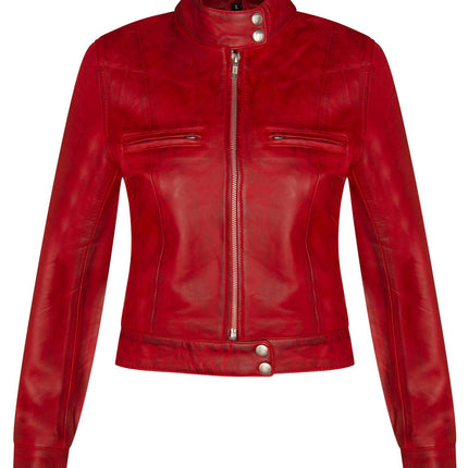 Womens Plain Leather Moto Biker Jacket-Braga