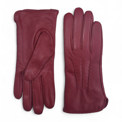 Womens Red Italian Leather Winter Stitch Line Design Soft Wool Lining Gloves - L-GLV-301
