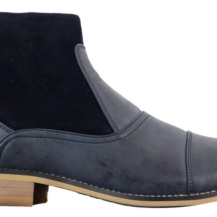 Mens Navy Leather Suede Zip Up Chelsea Boots