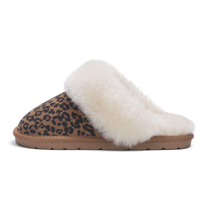 Women's Genuine Sheepskin Leopard Print Suede Mule Winter Slippers -Luna