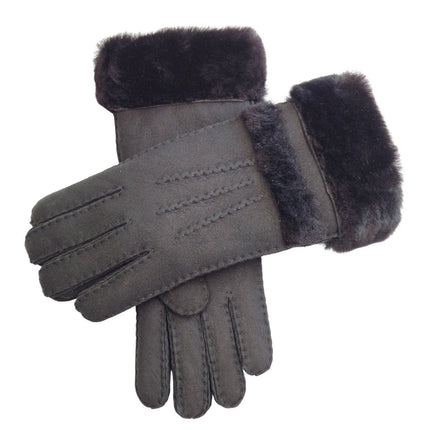 Infinity Leather Womens Black Sheepskin Suede Gloves with Roll Up/Down Cuff