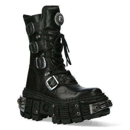 New Rock Black Mid Calf Leather Goth Boots-WALL1473-S11