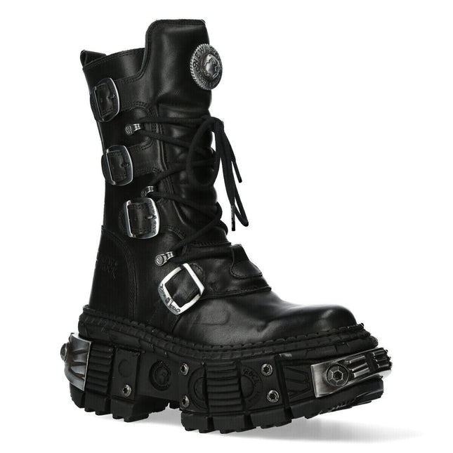 New Rock Black Mid Calf Leather Goth Boots-WALL1473-S11