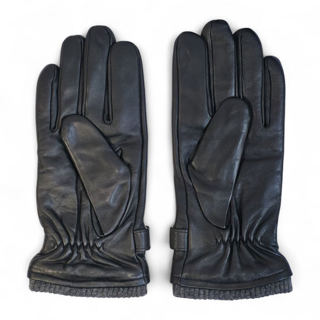 Men’s Black Italian Leather Warm Wool Lining Winter Knit Rib Gloves - M-LGV-105