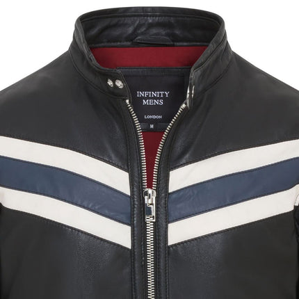 Men's Black Striped Café Racer Biker Leather Motorcycle Jacket