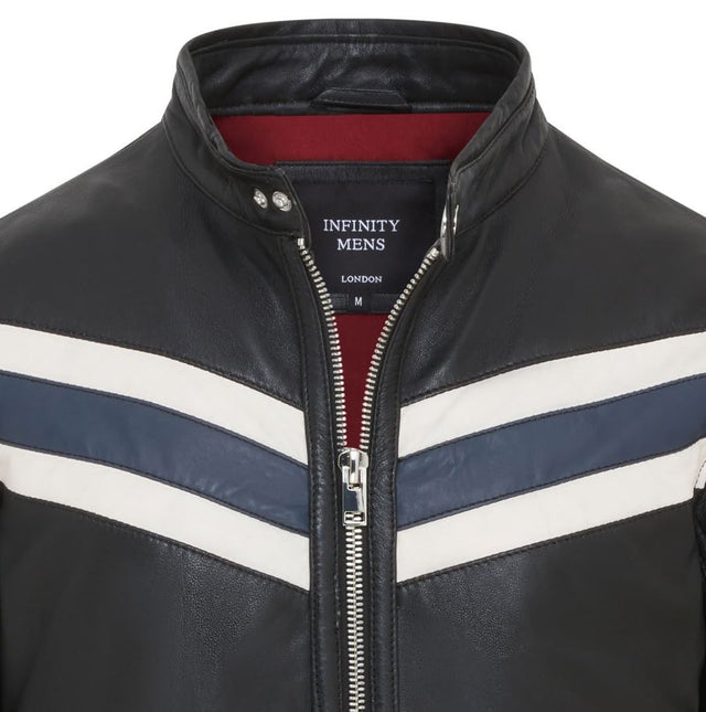 Men's Black Striped Café Racer Biker Leather Motorcycle Jacket