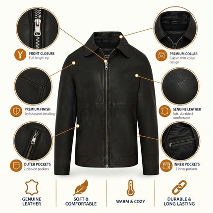 Mens Leather Black Harrington Collar Biker Jacket - Alpha