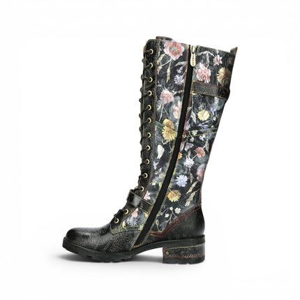 Laura Vita Women's Victorian Floral Black Leather High Lace-Up Long Boots - Cocrailo-82