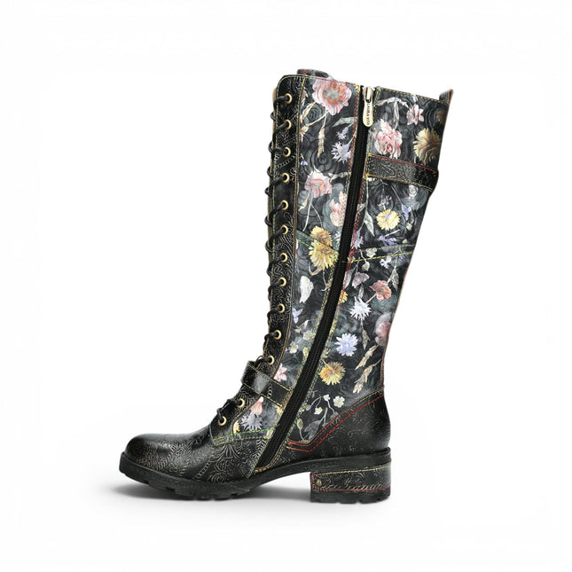 Laura Vita Women's Victorian Floral Black Leather High Lace-Up Long Boots - Cocrailo-82