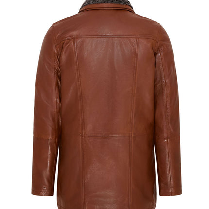 Mens Leather Jacket Classic Trench Coat with Removable Collar Mid Length Warm Overcoat