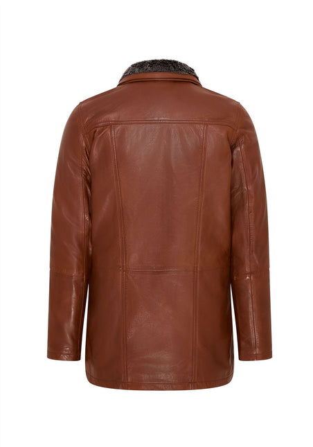 Mens Leather Jacket Classic Trench Coat with Removable Collar Mid Length Warm Overcoat