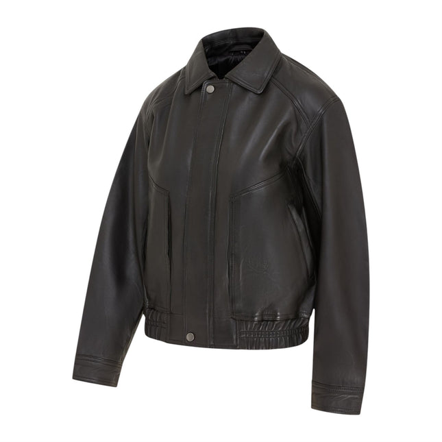 Womens Black Leather Biker Bomber Oversized Jacket - Blouson