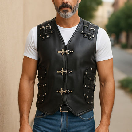 Men’s Black Biker Leather Waistcoat Metal Buckles Vest - Coolgardie