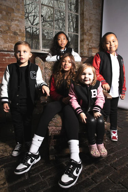 Kids Grey Wool Varsity Bomber Jacket with Real Leather Sleeves