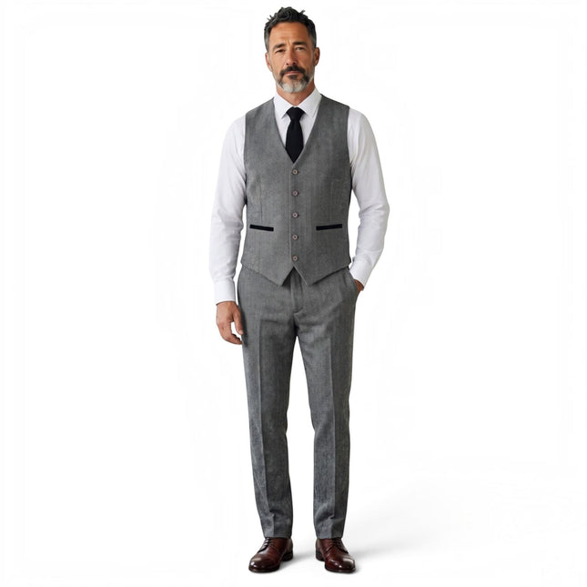 Men's Grey 3 Piece Tweed Herringbone Formal Suit -  IM4