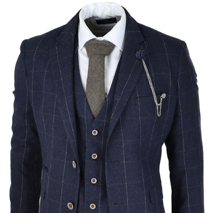 Mens 3 Piece Wool Suit Navy Blue Tweed Check Peaky Blinders 1920 Gatsby Formal