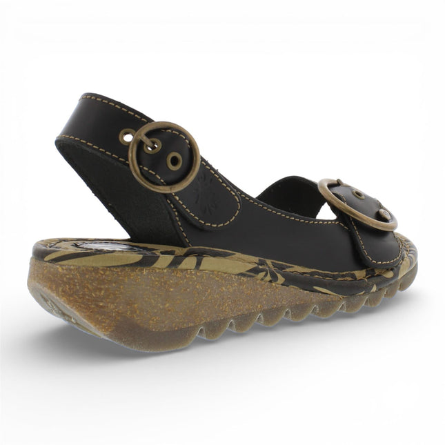 Fly London Women's TRAM723FLY Black Leather Wedge Sandals
