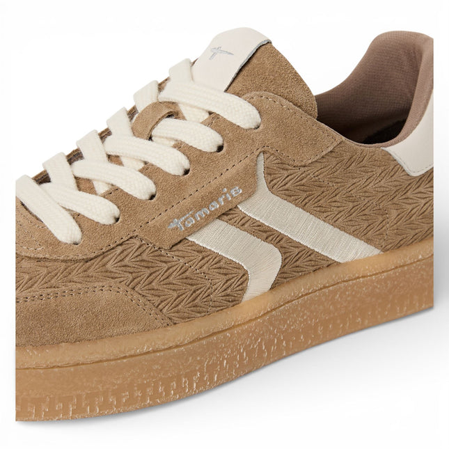 Tamaris Women's Taupe Leather White Stripes Trainers Sneaker Shoes
