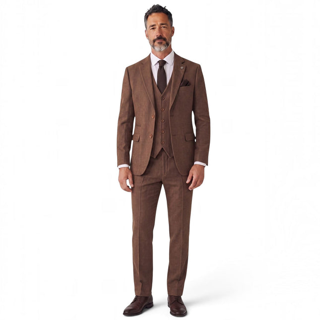 Men's Brown 3 Piece Tweed Herringbone Formal Suit -  IM4