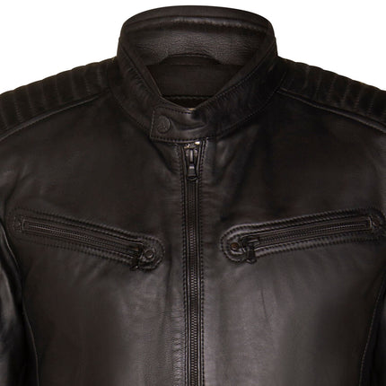 Mens Black Leather Quilted Biker Jacket - Paris