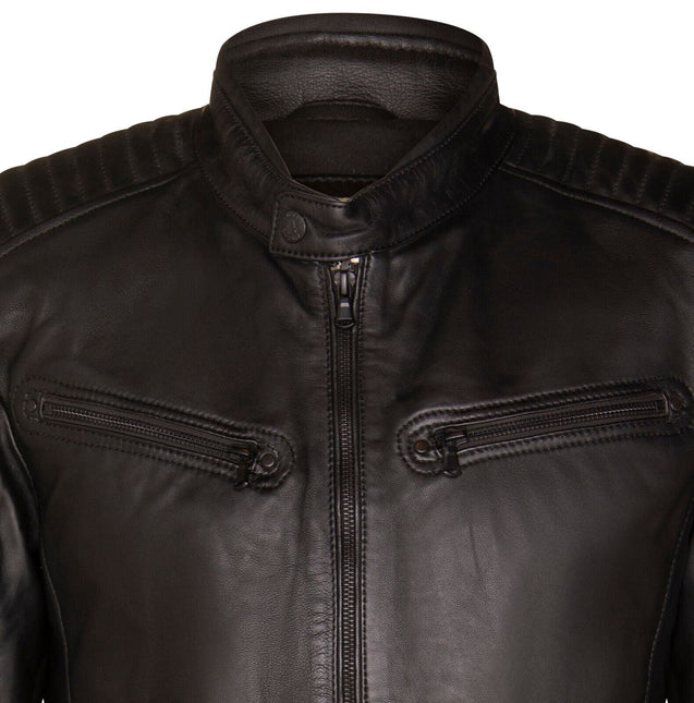Mens Black Leather Quilted Biker Jacket - Paris