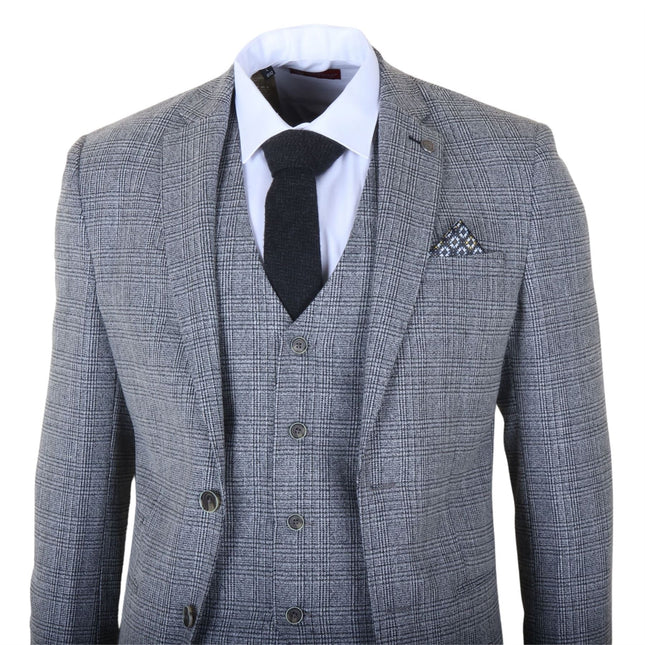 Men's 3-Piece Grey Classic Check Suit Slim Fit Plain Formal Party Suit