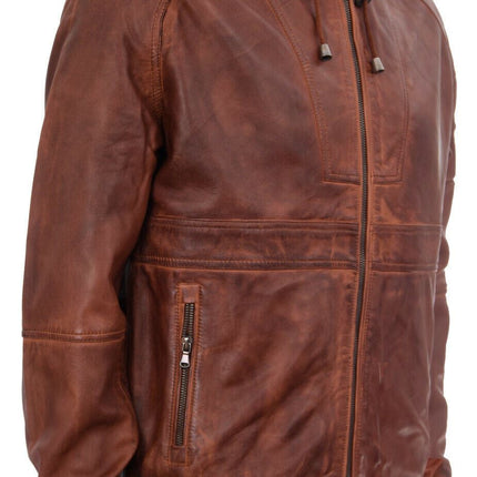 Men’s Casual Leather Hooded Bomber Jacket-Odesa