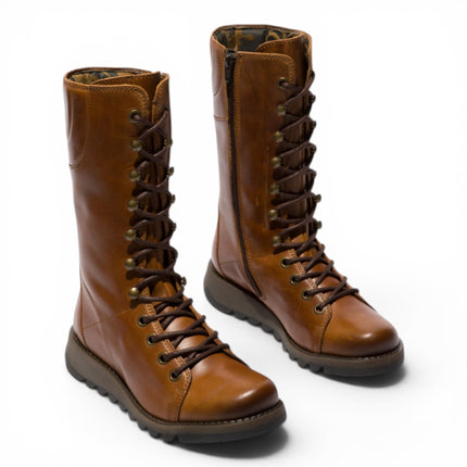 Fly London Women’s Brown Leather Lace-Up Combat Ankle Boots- STER768