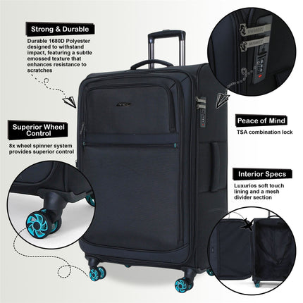 Soft Shell 1680D Cabin Suitcase 56x37x25cm 8 Wheel TSA Lock Luggage