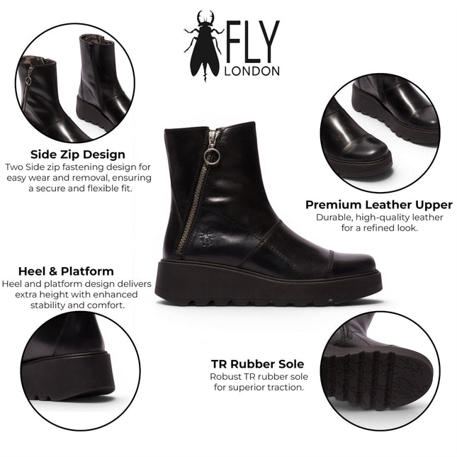 Fly London Women’s Black Leather Zip-up Platform Ankle Boots - TARP553FLY