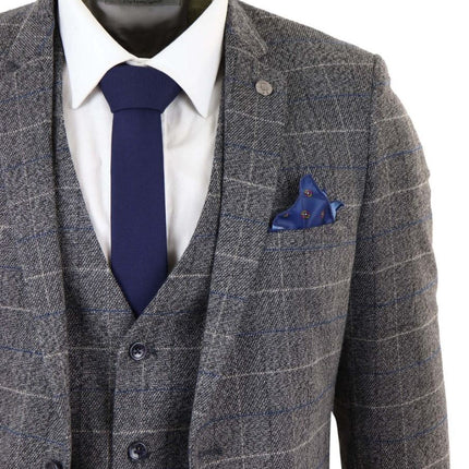 Mens 3 Piece Grey With Blue Check Vintage Classic Suit
