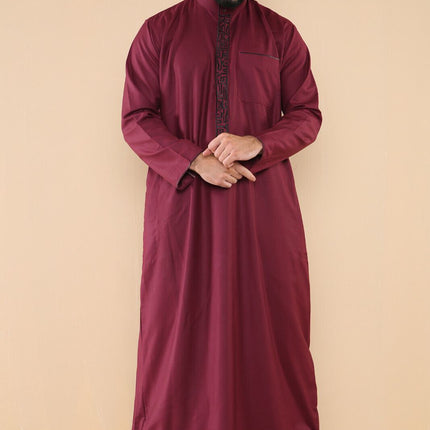Mens Wine Thobe Jubba Emirati Islamic Arabic Eid Embroidery Kaftan Jubbah Robe
