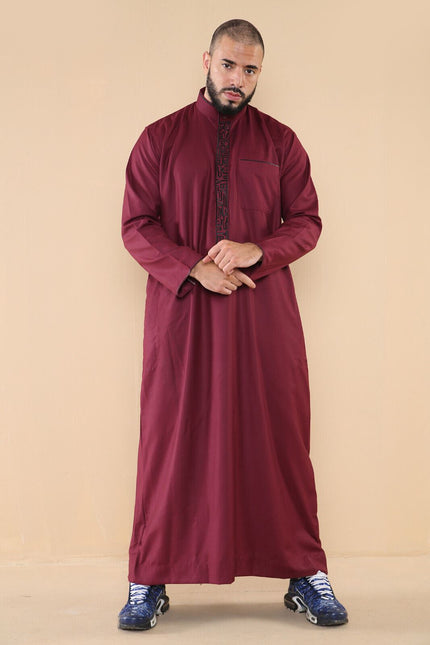 Mens Wine Thobe Jubba Emirati Islamic Arabic Eid Embroidery Kaftan Jubbah Robe