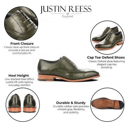 Justin Reess Men's Green Leather Cross-Stitch Toe Cap Oxford Shoes - Jett