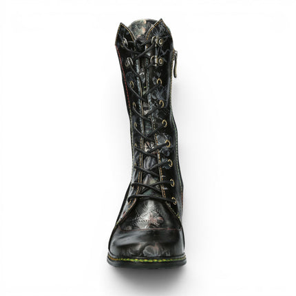 Laura Vita Women's Goth Victorian Floral Black Leather High Lace-Up Boots - Ibcano-15