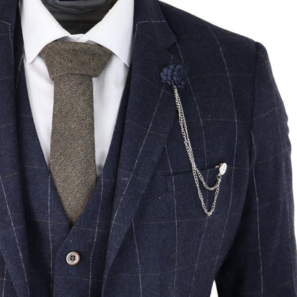 Mens 3 Piece Wool Suit Navy Blue Tweed Check Peaky Blinders 1920 Gatsby Formal